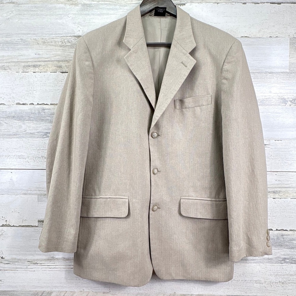 Claiborne Mens 38R Blazer Tan Linen Blend Herringbone Italian Fabric